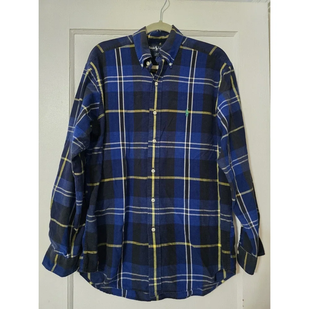 Vintage Polo Ralph Lauren‎ Shirt Mens Medium Blue Plaid Blaire Pony